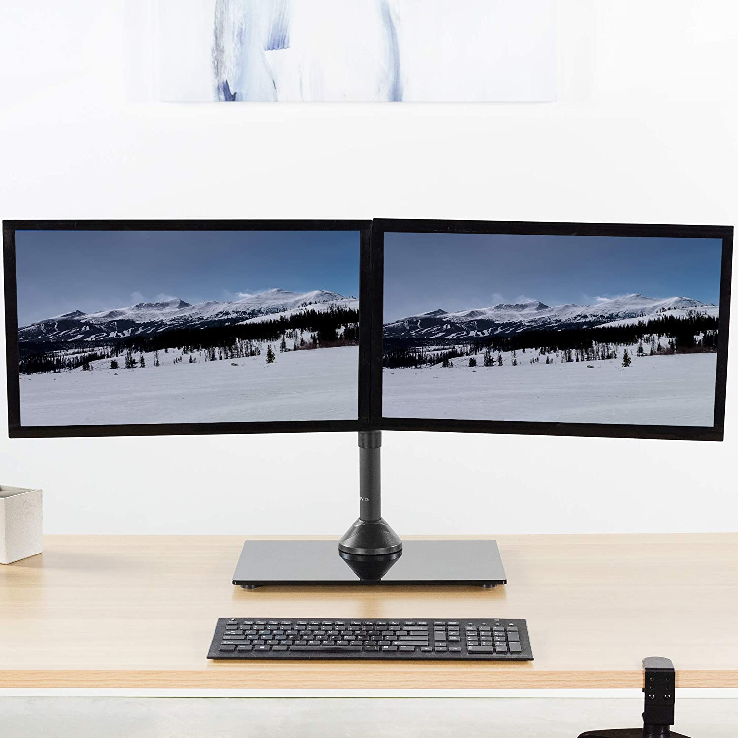 VIVO Freestanding Black Dual Monitor Stand with Sleek Glass Base and Adjustable Arms