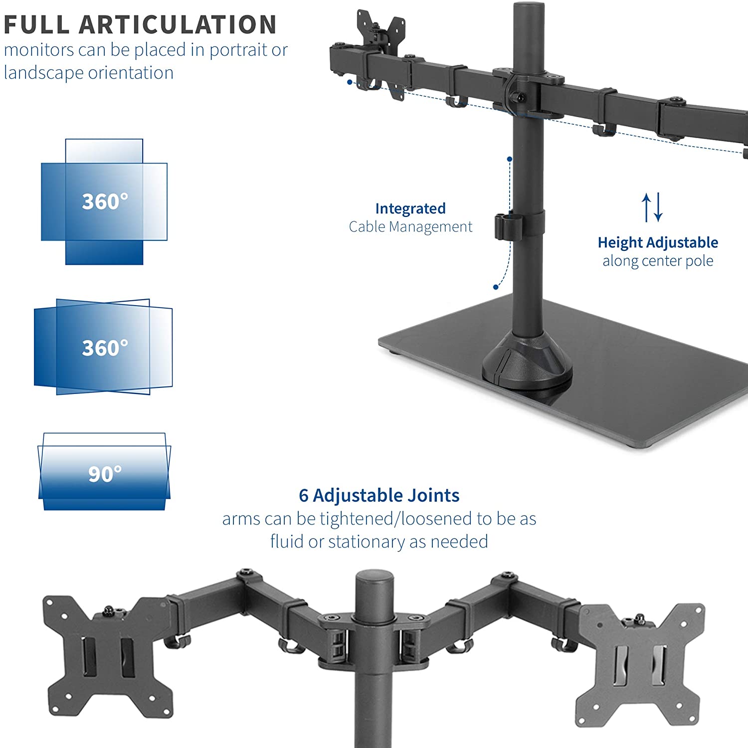 VIVO Freestanding Black Dual Monitor Stand with Sleek Glass Base and Adjustable Arms