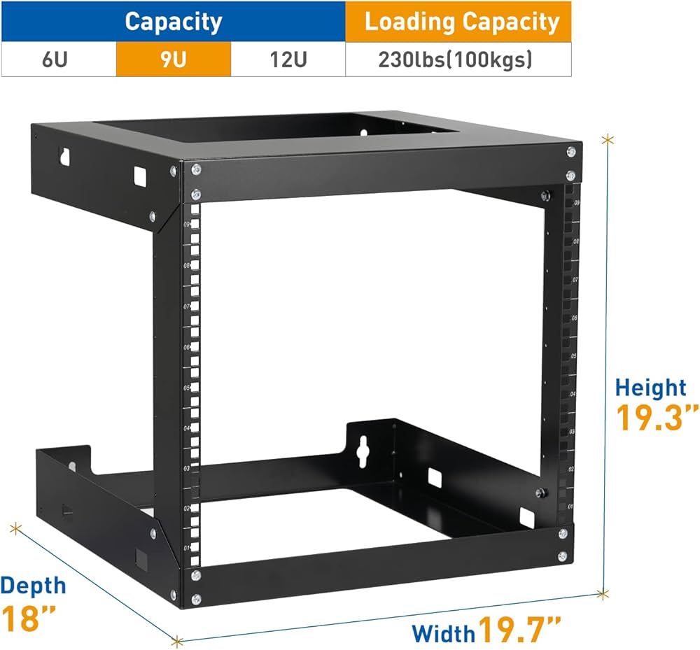 9U Wall Mount Rack Open Frame 19 Inch Server Equipment 2 Post Network Cabinet 18 inches Depth - Black