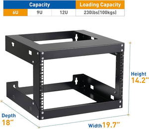 6U Wall Mount Rack Open Frame 19 Inch Server Equipment Network Cabinet 18 inches Depth - Black