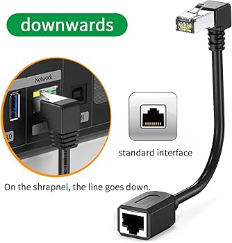 CAT 6 Ethernet Extender Right Angle - RJ45 Network Patch Cord Male to Female Adapter Downward Angle