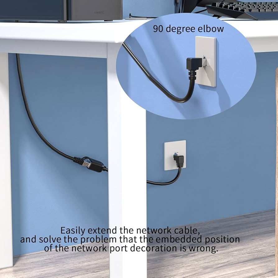 CAT 6 Ethernet Extender Right Angle - RJ45 Network Patch Cord Male to Female Adapter Downward Angle