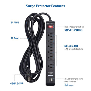 2 Pack Cable Matters 6 Outlet Surge Protector Power Strip with USB Charging Ports / 300 Joules