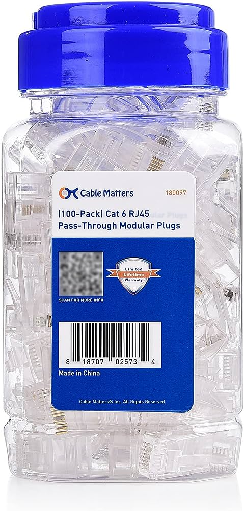 Cable Matters 100 Pack Pass Through RJ45 Modular Plugs for Solid or Stranded UTP Cable