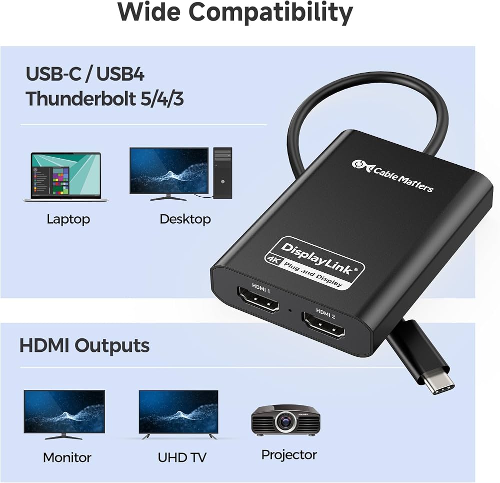 Cable Matters USB-C to Dual HDMI Adapter - DisplayLink