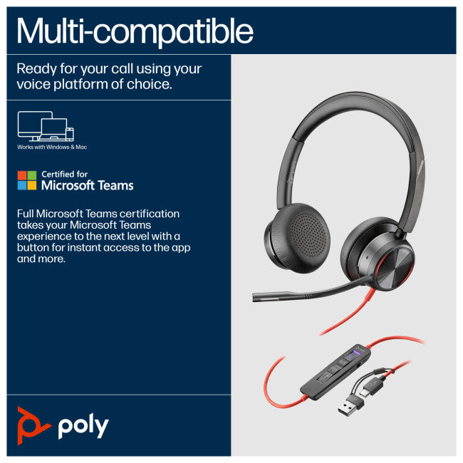Poly Blackwire 8225 Stereo Microsoft Teams Certified USB-C Headset +USB-C/A Adapter