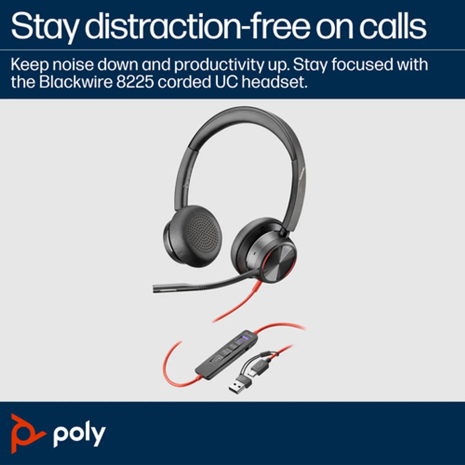 Poly Blackwire 8225 Stereo Microsoft Teams Certified USB-C Headset +USB-C/A Adapter