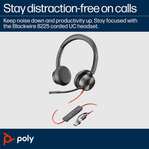 Poly Blackwire 8225 Stereo Microsoft Teams Certified USB-C Headset +USB-C/A Adapter