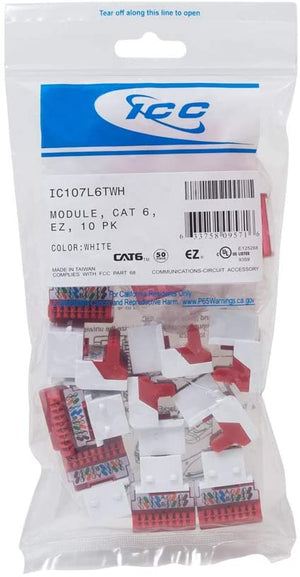 ICC CAT6 RJ45 Keystone Jack for EZ Style, White, 10-Pack