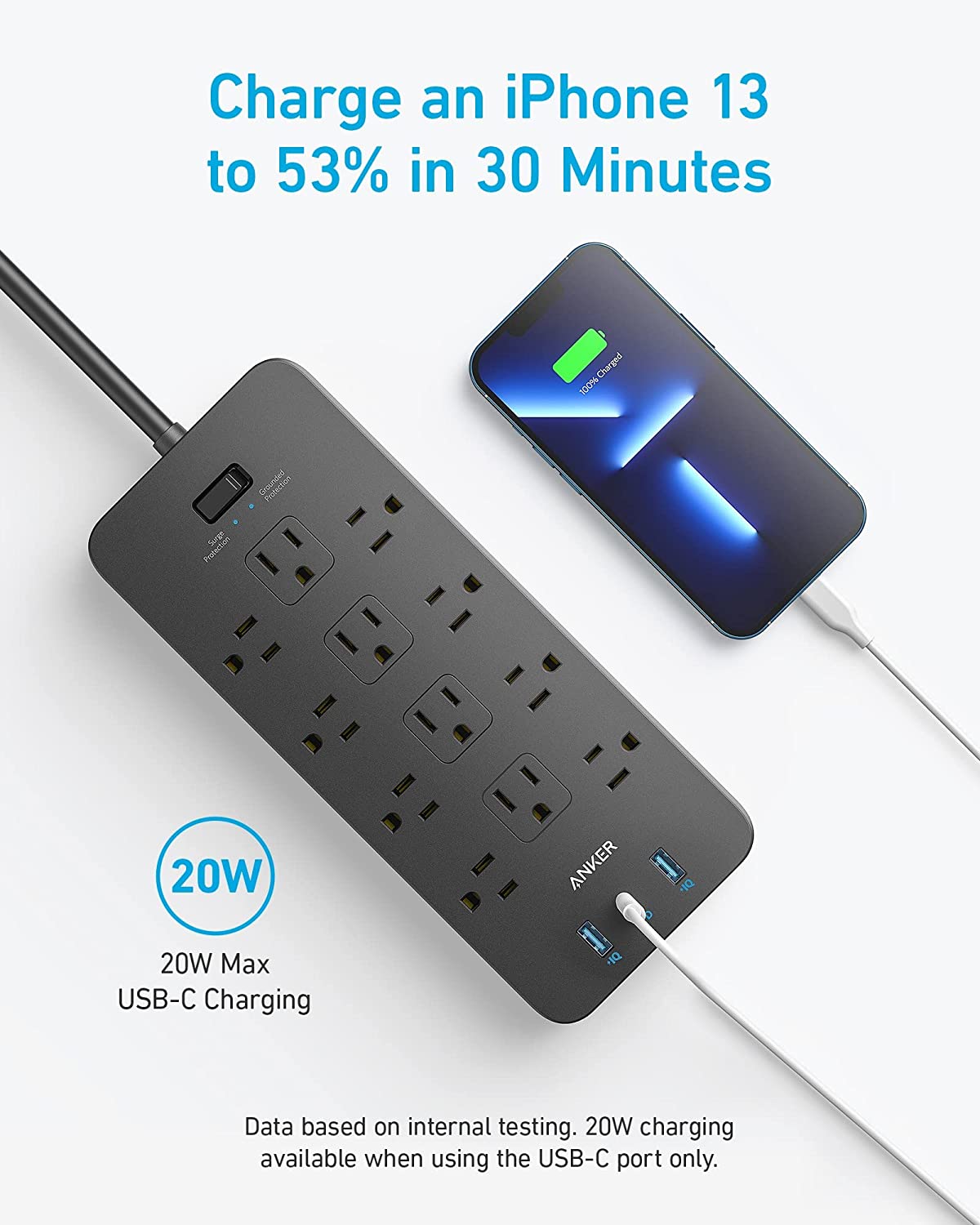 Anker Power Strip Surge Protector (2100J), 12 Outlets with 2 USB A and 1 USB C Port