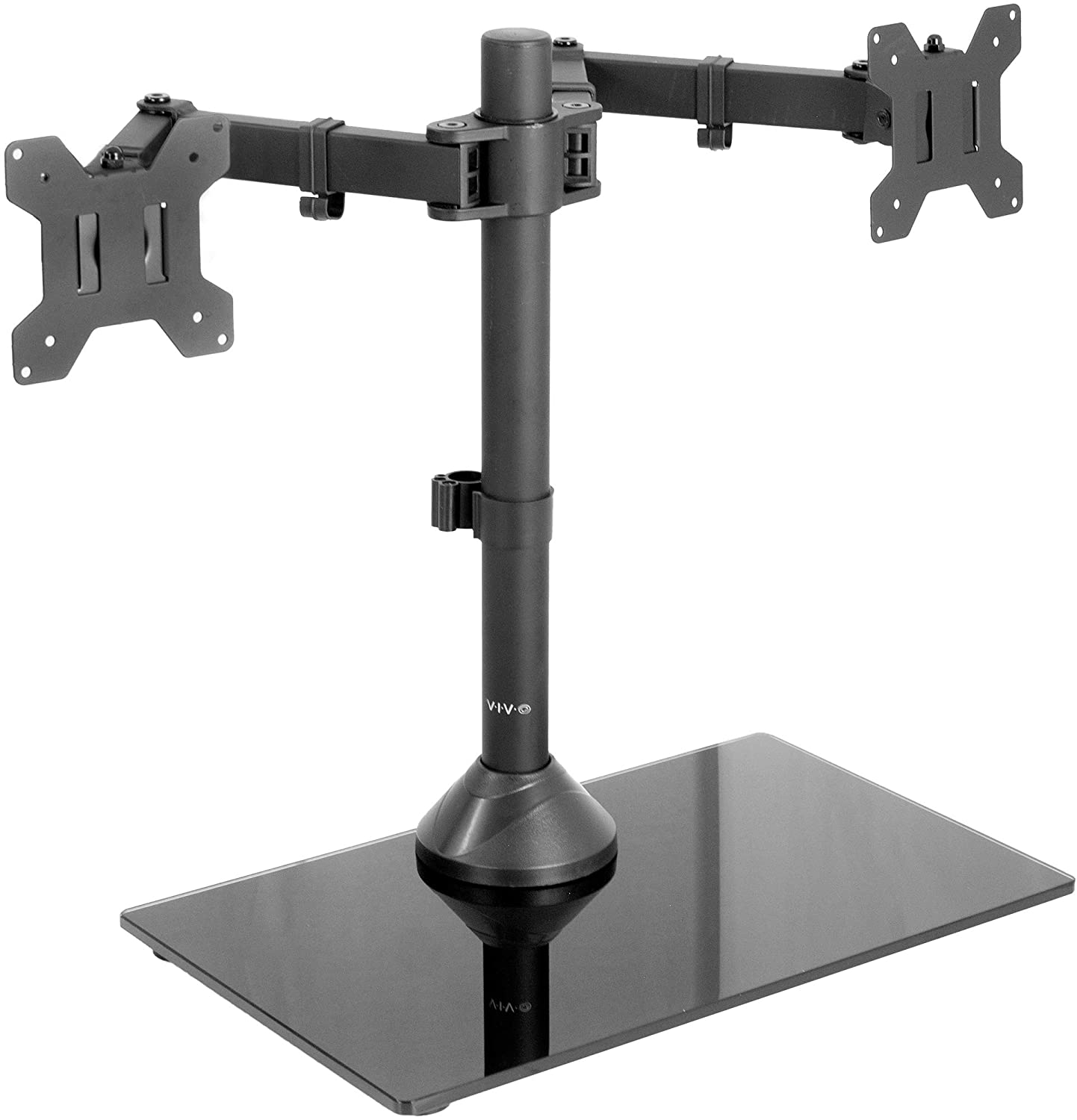 VIVO Freestanding Black Dual Monitor Stand with Sleek Glass Base and Adjustable Arms