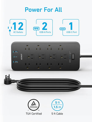 Anker Power Strip Surge Protector (2100J), 12 Outlets with 2 USB A and 1 USB C Port