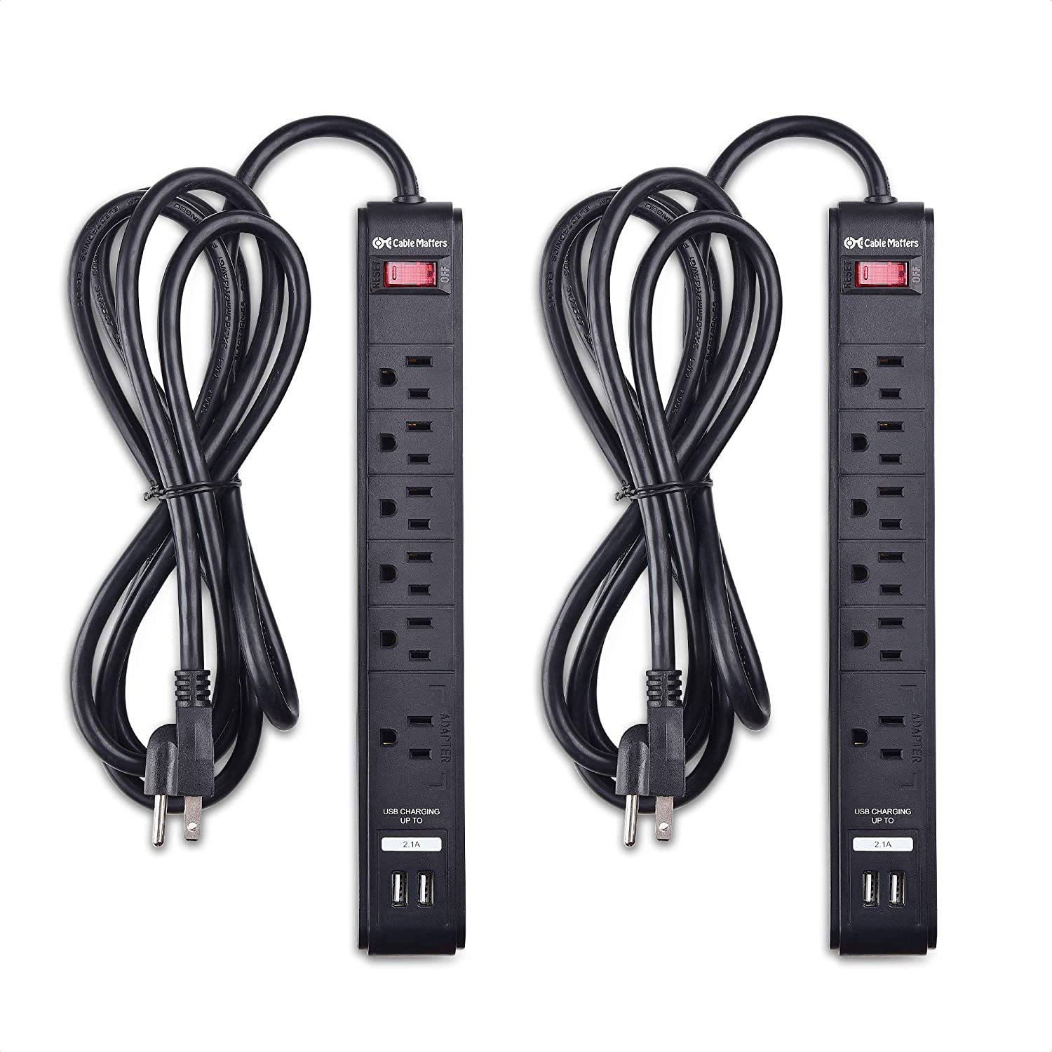 2 Pack Cable Matters 6 Outlet Surge Protector Power Strip with USB Charging Ports / 300 Joules